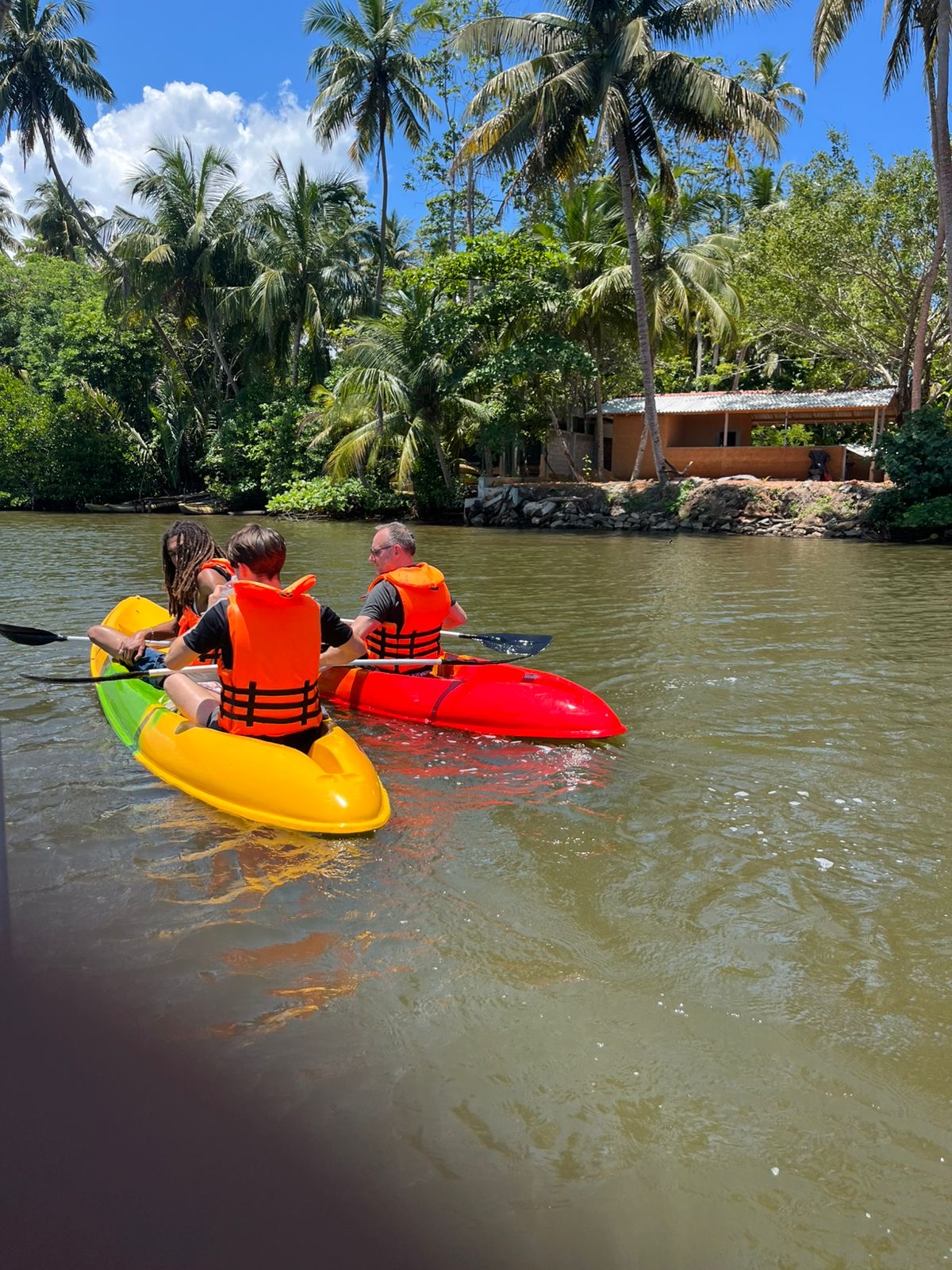 Three guests paddling yellow and red kayaks along a palm-lined stretch of the river